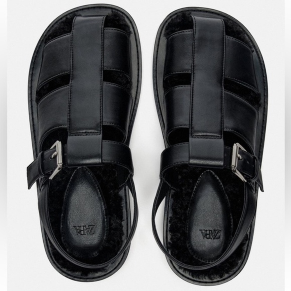 Zara Black FAUX FUR LINED CAGE SANDALS.‎ Size 8/39